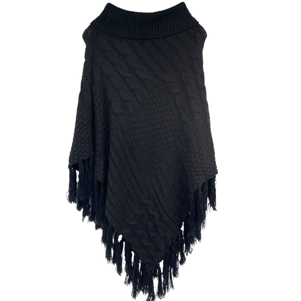 Women's Poncho Sweater Turtle Neck Knitted Pull Over Shawl Fringe Black